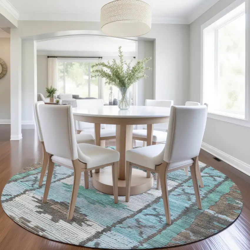 8' Brown And Teal Blue Round Tribal Washable Indoor Outdoor Area Rug Photo 6