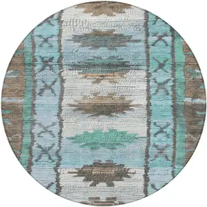Photo of 8' Brown And Teal Blue Round Tribal Washable Indoor Outdoor Area Rug
