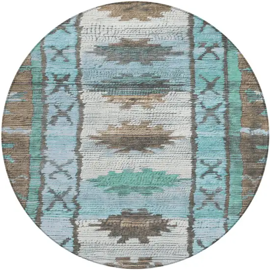 8' Brown And Teal Blue Round Tribal Washable Indoor Outdoor Area Rug Photo 1