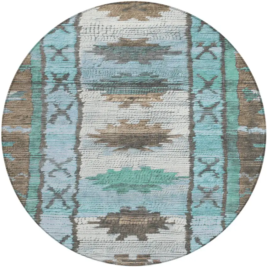 8' Brown And Teal Blue Round Tribal Washable Indoor Outdoor Area Rug Photo 1