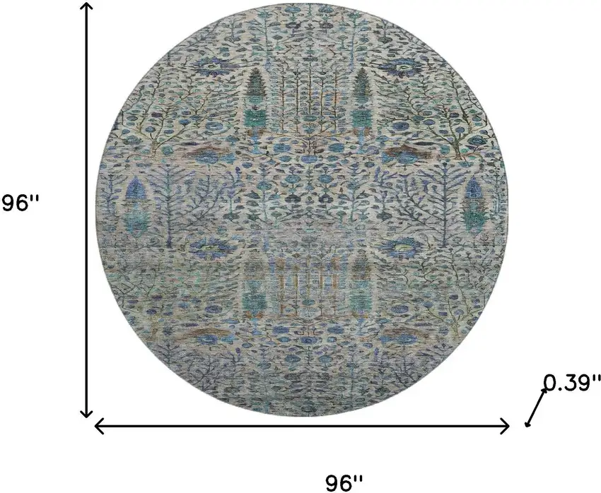 8' Brown And Teal Floral Vines Washable Round Rug With UV Protection Photo 8
