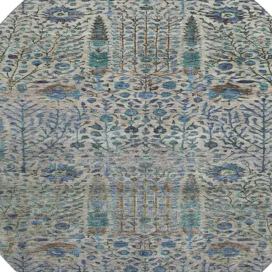 8' Brown And Teal Floral Vines Washable Round Rug With UV Protection Photo 3