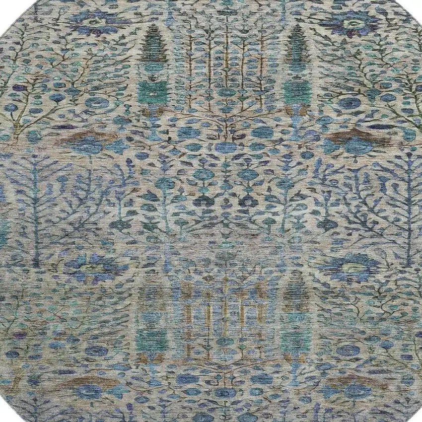 8' Brown And Teal Floral Vines Washable Round Rug With UV Protection Photo 3