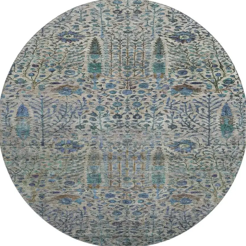 8' Brown And Teal Floral Vines Washable Round Rug With UV Protection Photo 4