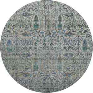 Photo of 8' Brown And Teal Floral Vines Washable Round Rug With UV Protection