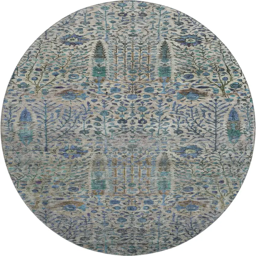 8' Brown And Teal Floral Vines Washable Round Rug With UV Protection Photo 1