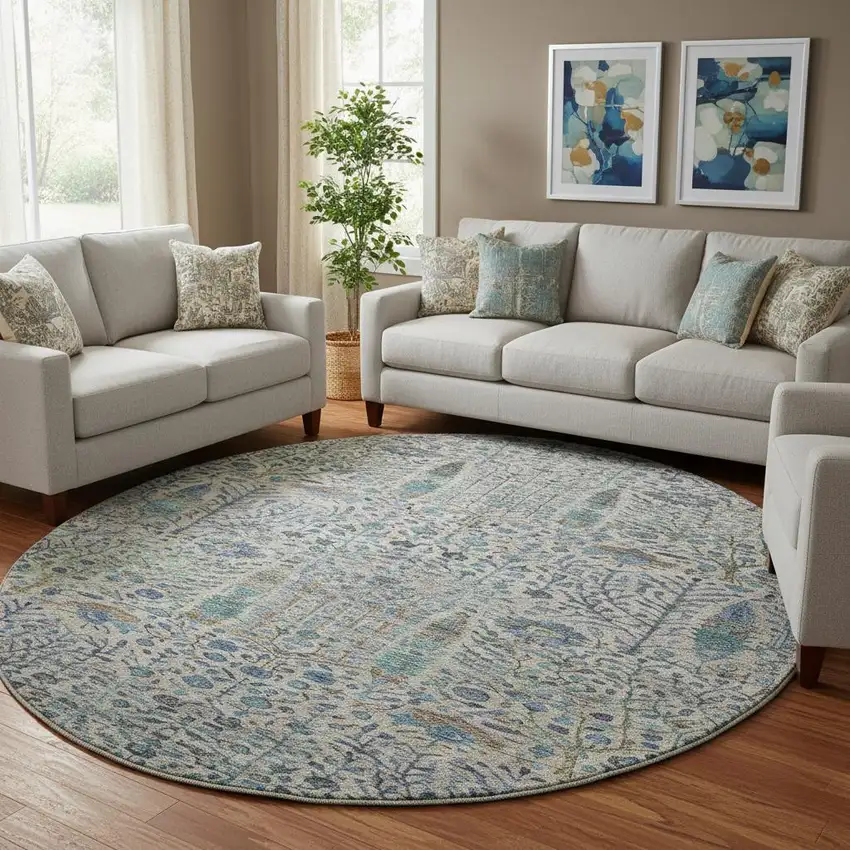 8' Brown And Teal Floral Vines Washable Round Rug With UV Protection Photo 2