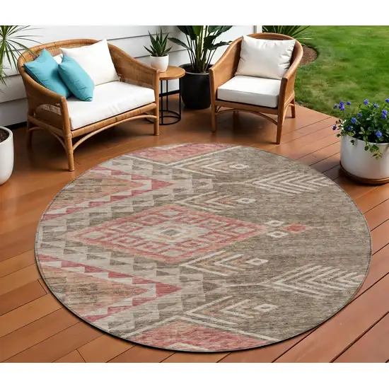 8' Brown And Terra Cotta Round Southwestern Washable Indoor Outdoor Area Rug Photo 1