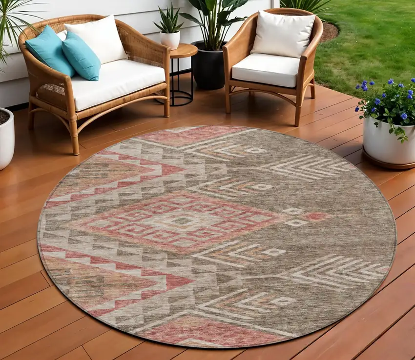 8' Brown And Terra Cotta Round Southwestern Washable Indoor Outdoor Area Rug Photo 1