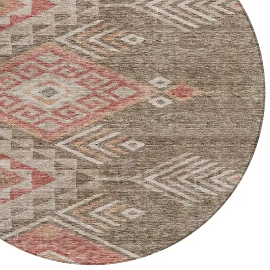8' Brown And Terra Cotta Round Southwestern Washable Indoor Outdoor Area Rug Photo 6