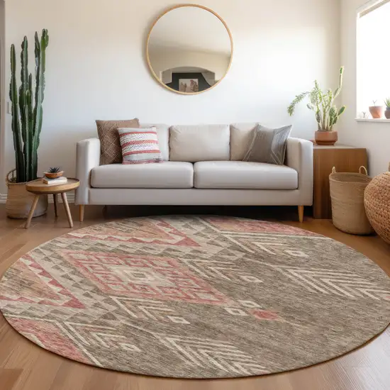 8' Brown And Terra Cotta Round Southwestern Washable Indoor Outdoor Area Rug Photo 9