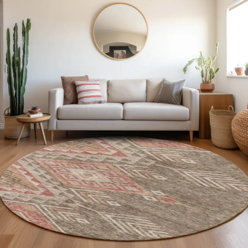 8' Brown And Terra Cotta Round Southwestern Washable Indoor Outdoor Area Rug Photo 9