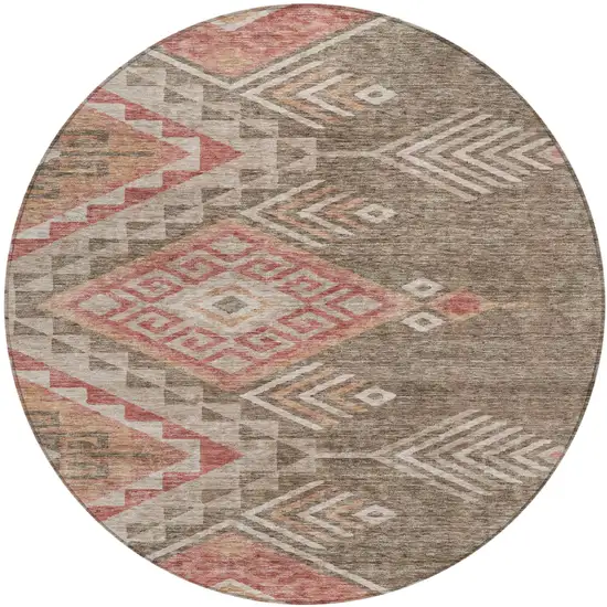 8' Brown And Terra Cotta Round Southwestern Washable Indoor Outdoor Area Rug Photo 2