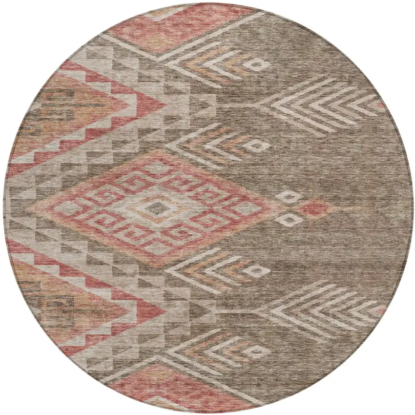 8' Brown And Terra Cotta Round Southwestern Washable Indoor Outdoor Area Rug Photo 2