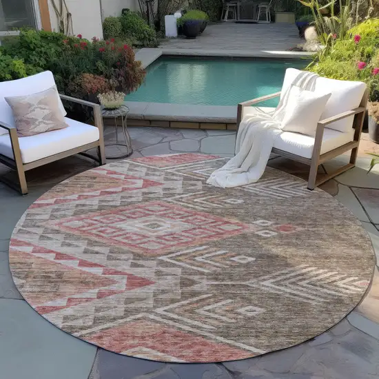 8' Brown And Terra Cotta Round Southwestern Washable Indoor Outdoor Area Rug Photo 8