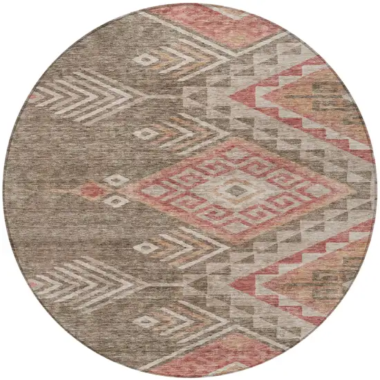 8' Brown And Terra Cotta Round Southwestern Washable Indoor Outdoor Area Rug Photo 7