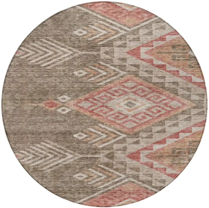 8' Brown And Terra Cotta Round Southwestern Washable Indoor Outdoor Area Rug Photo 7