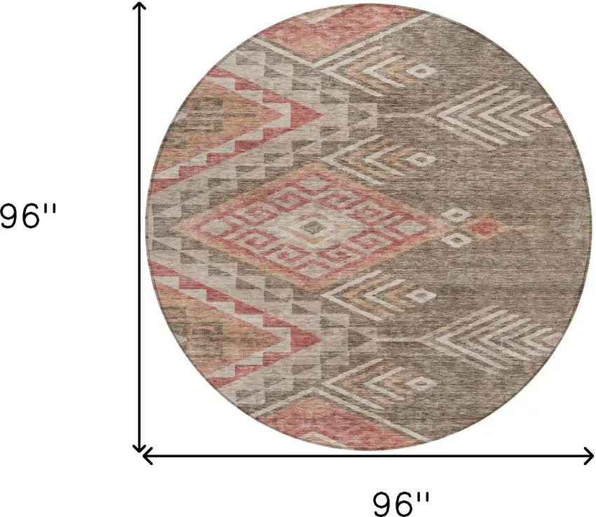 8' Brown And Terra Cotta Round Southwestern Washable Indoor Outdoor Area Rug Photo 8