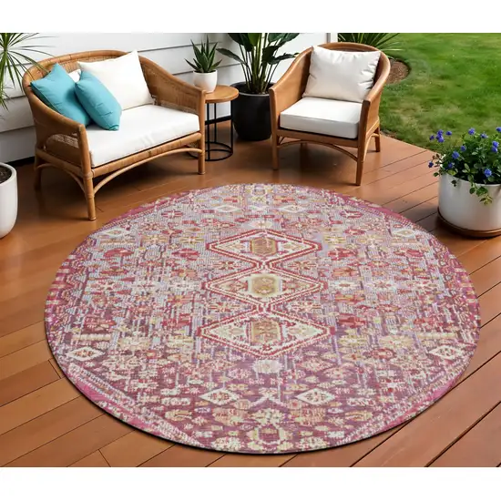 8' Brown And Wheat Round Aztec Washable Indoor Outdoor Area Rug Photo 2