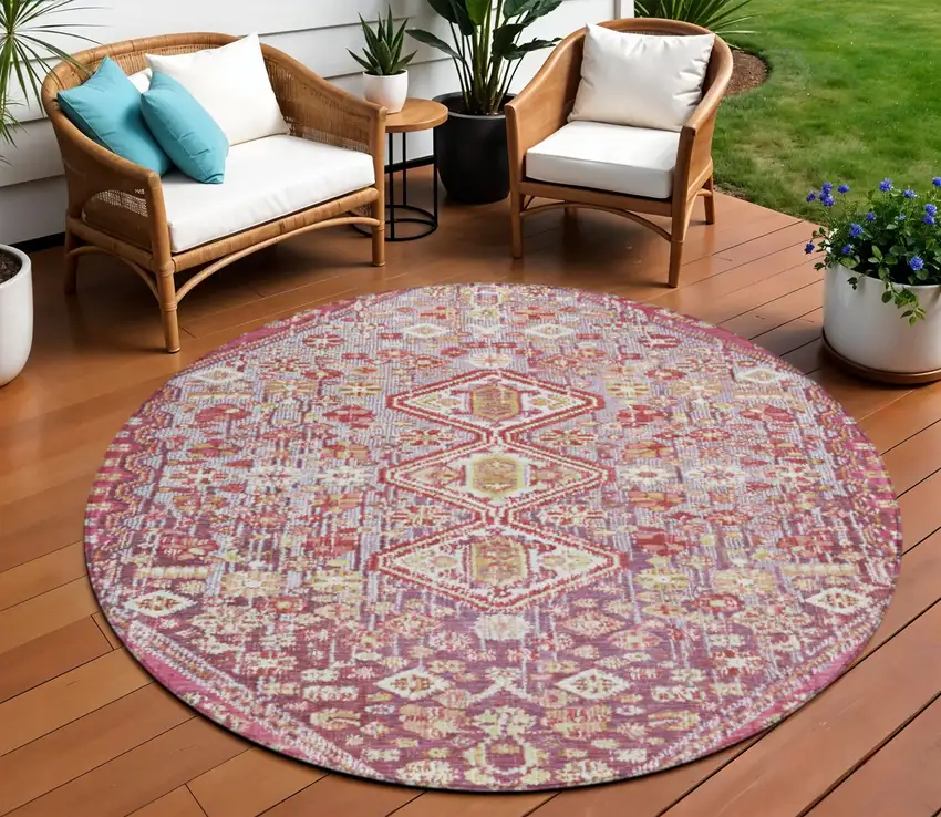 8' Brown And Wheat Round Aztec Washable Indoor Outdoor Area Rug Photo 2