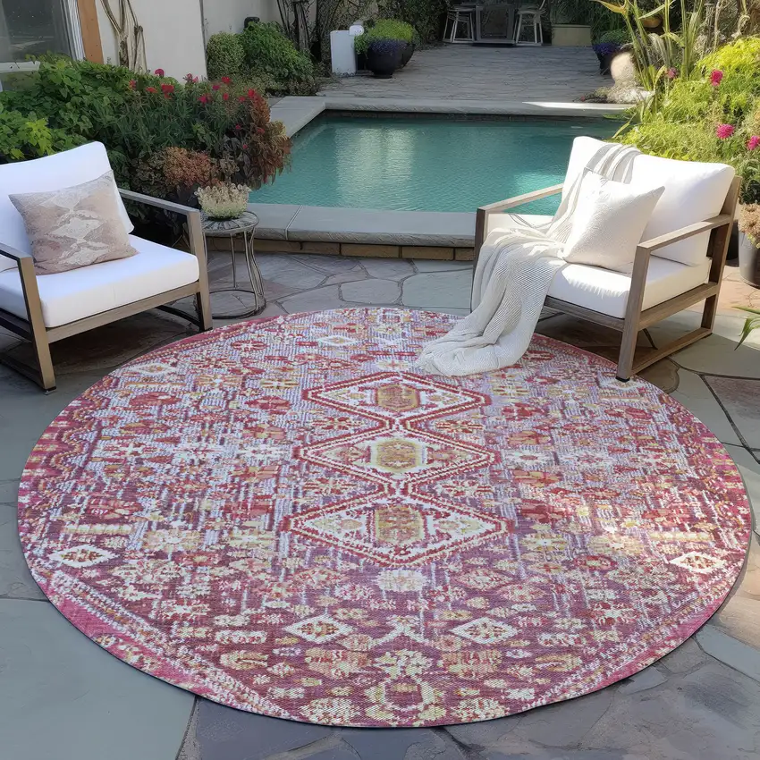 8' Brown And Wheat Round Aztec Washable Indoor Outdoor Area Rug Photo 5