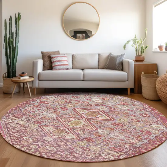 8' Brown And Wheat Round Aztec Washable Indoor Outdoor Area Rug Photo 6