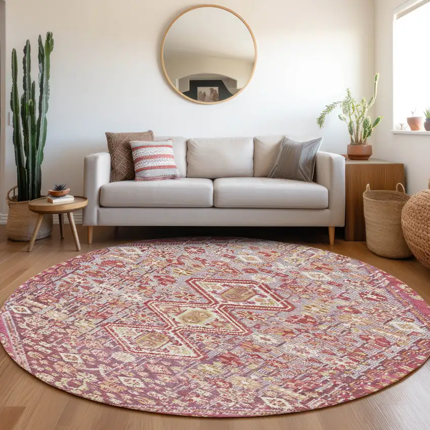 8' Brown And Wheat Round Aztec Washable Indoor Outdoor Area Rug Photo 6