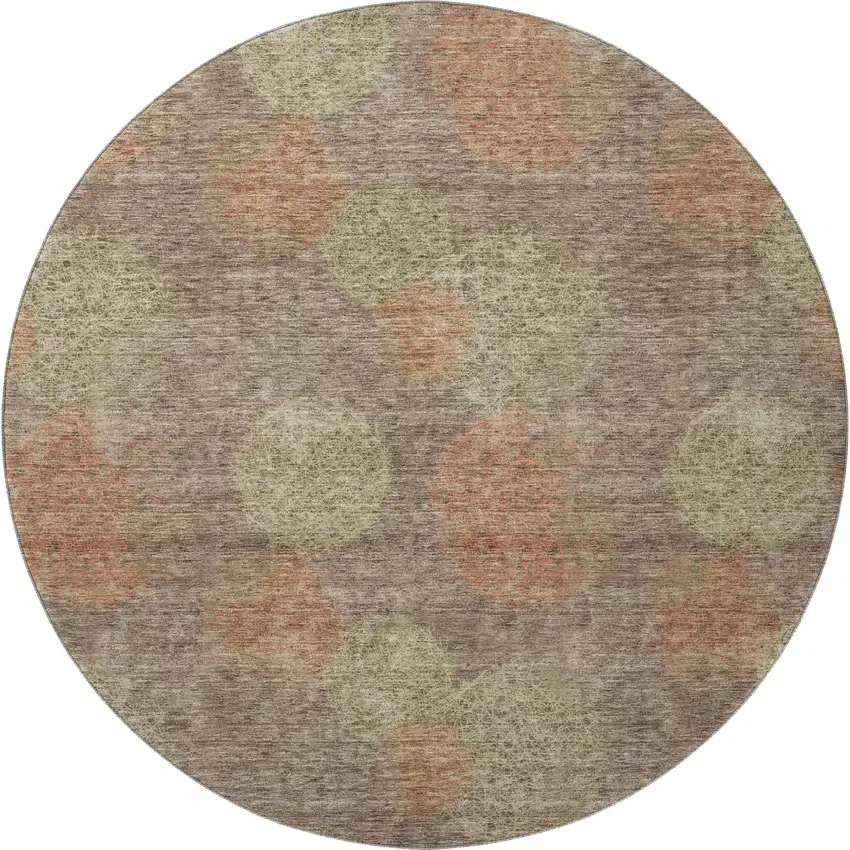 8' Brown Artichoke Green And Taupe Abstract Washable Round Rug With UV Protection Photo 2