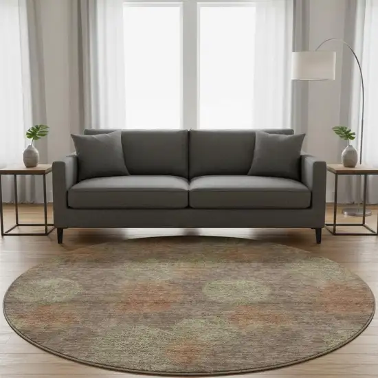 8' Brown Artichoke Green And Taupe Abstract Washable Round Rug With UV Protection Photo 2