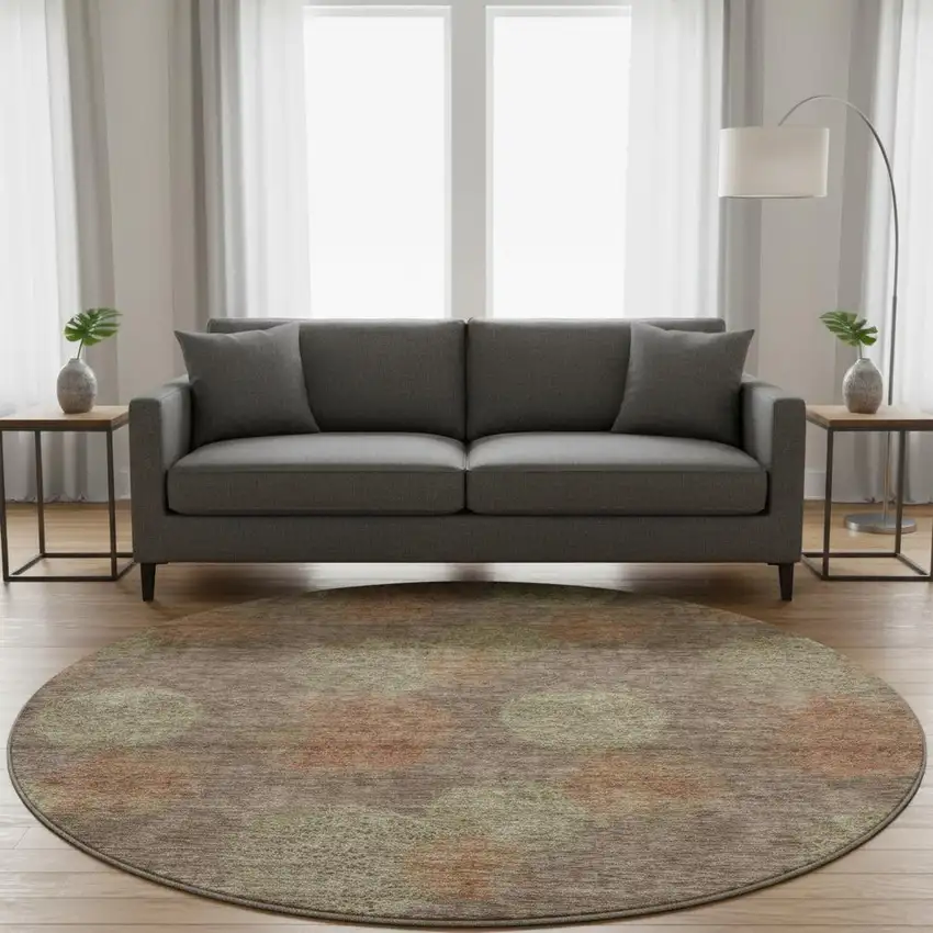 8' Brown Artichoke Green And Taupe Abstract Washable Round Rug With UV Protection Photo 2