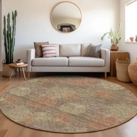 8' Brown Artichoke Green And Taupe Abstract Washable Round Rug With UV Protection Photo 3