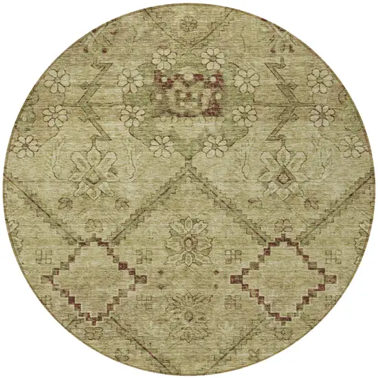 8' Brown Beige And Artichoke Green Round Floral Washable Indoor Outdoor Area Rug Photo 5