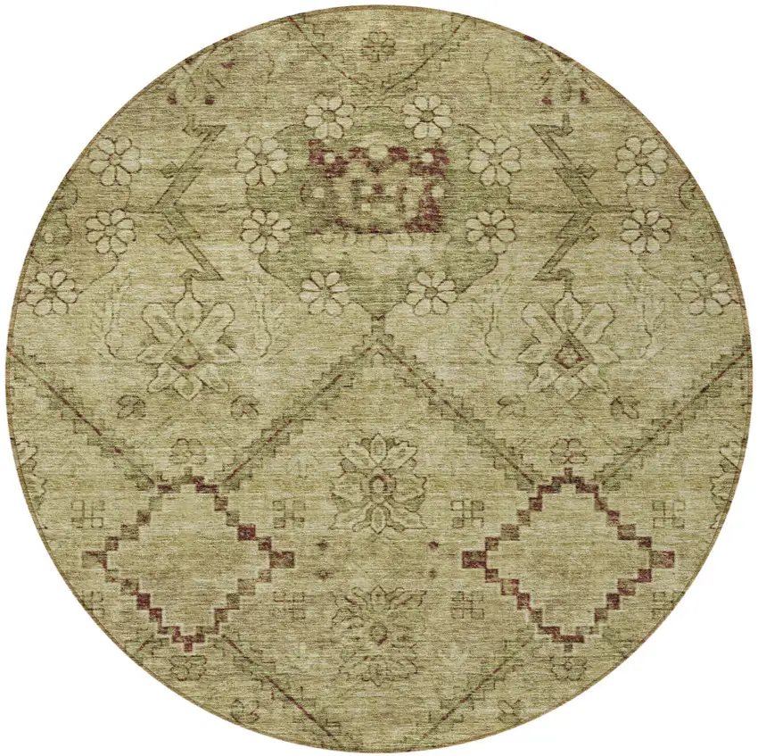 8' Brown Beige And Artichoke Green Round Floral Washable Indoor Outdoor Area Rug Photo 5