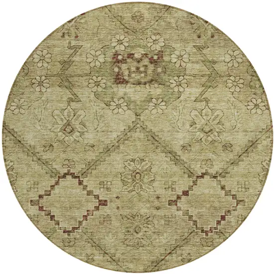 8' Brown Beige And Artichoke Green Round Floral Washable Indoor Outdoor Area Rug Photo 2