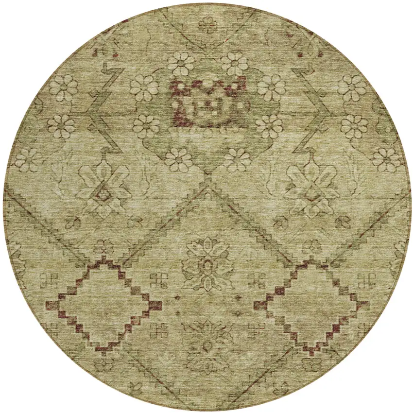 8' Brown Beige And Artichoke Green Round Floral Washable Indoor Outdoor Area Rug Photo 2