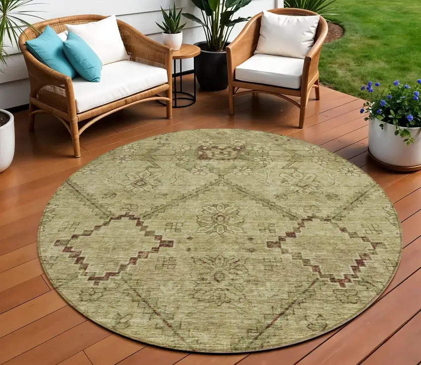 8' Brown Beige And Artichoke Green Round Floral Washable Indoor Outdoor Area Rug Photo 1