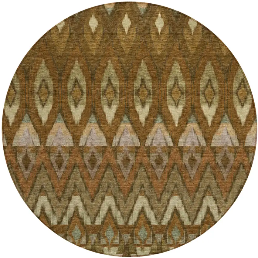 8' Brown Beige And Artichoke Green Round Southwestern Washable Indoor Outdoor Area Rug Photo 2