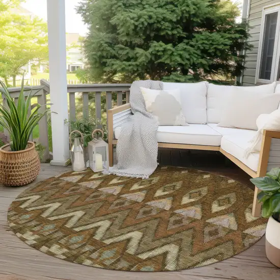 8' Brown Beige And Artichoke Green Round Southwestern Washable Indoor Outdoor Area Rug Photo 6