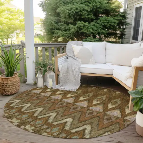 8' Brown Beige And Artichoke Green Round Southwestern Washable Indoor Outdoor Area Rug Photo 6