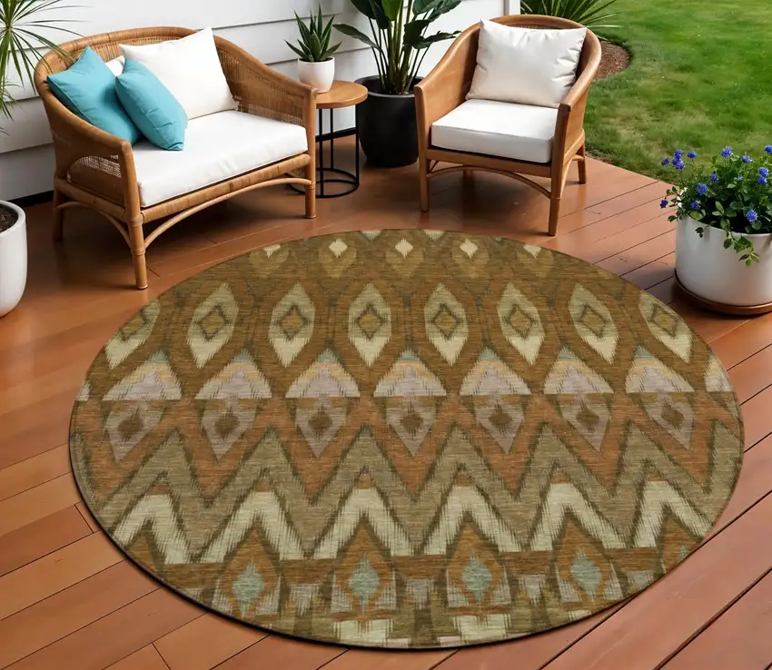 8' Brown Beige And Artichoke Green Round Southwestern Washable Indoor Outdoor Area Rug Photo 1