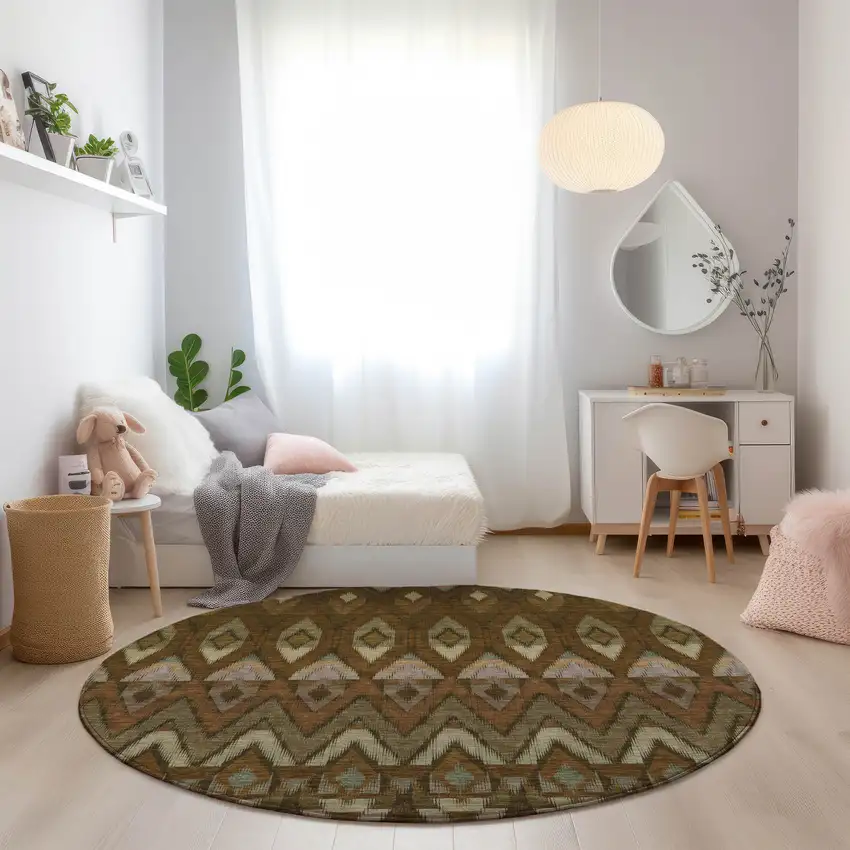 8' Brown Beige And Artichoke Green Round Southwestern Washable Indoor Outdoor Area Rug Photo 7