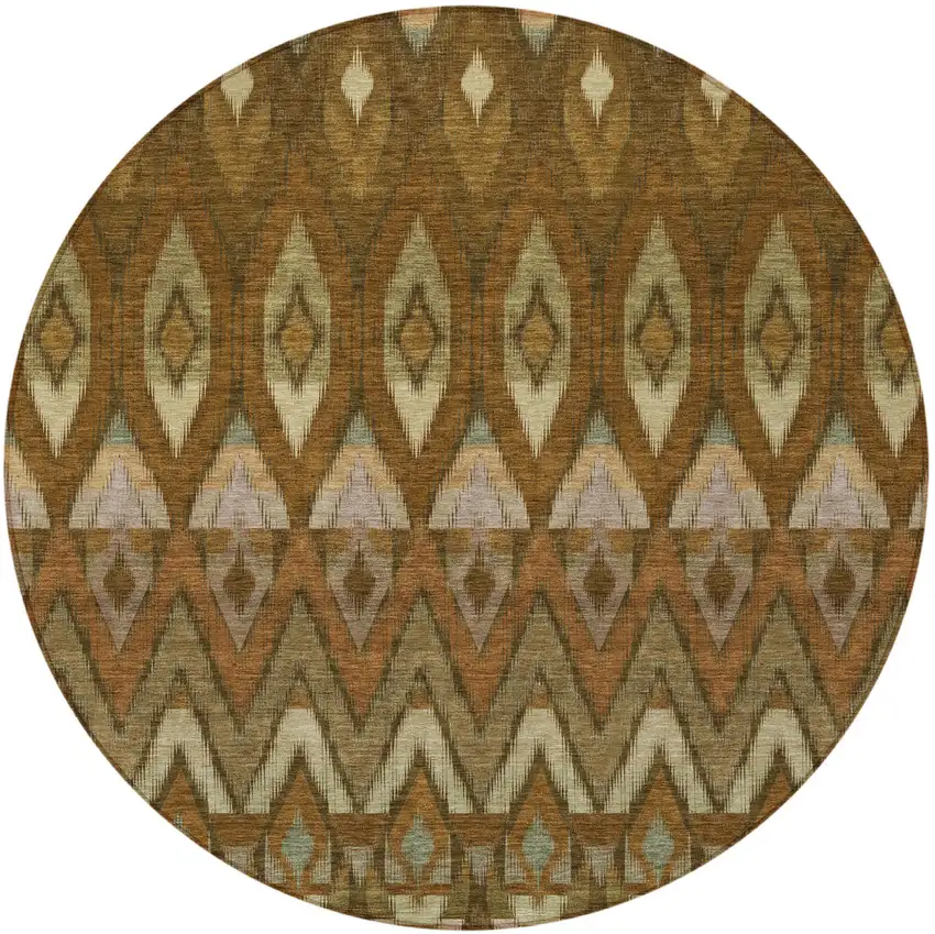 8' Brown Beige And Artichoke Green Round Southwestern Washable Indoor Outdoor Area Rug Photo 5