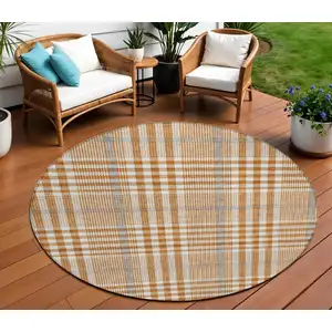 Photo of 8' Brown Beige And Beige Round Plaid Washable Indoor Outdoor Area Rug