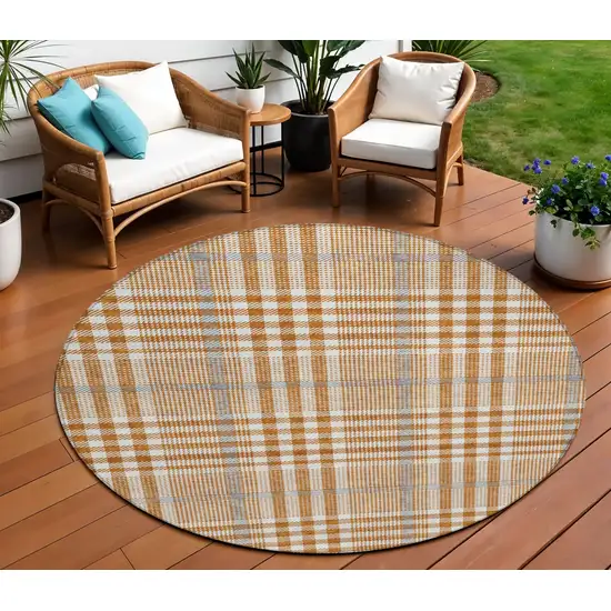 8' Brown Beige And Beige Round Plaid Washable Indoor Outdoor Area Rug Photo 1