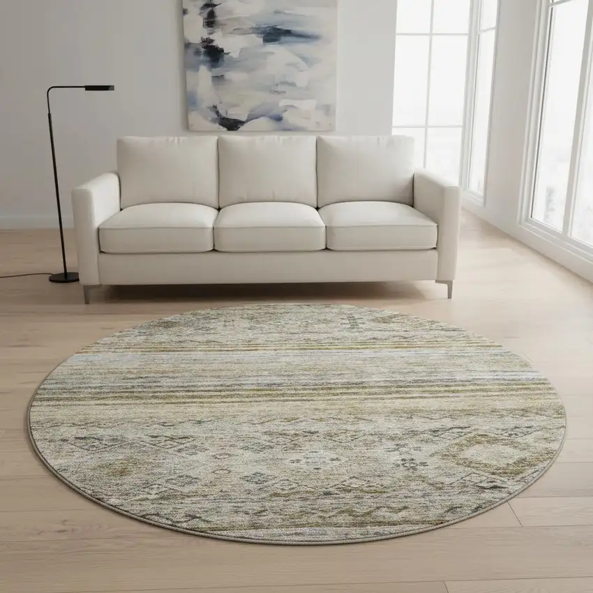 8' Brown Beige And Blue Abstract Geometric Washable Round Rug With UV Protection Photo 2