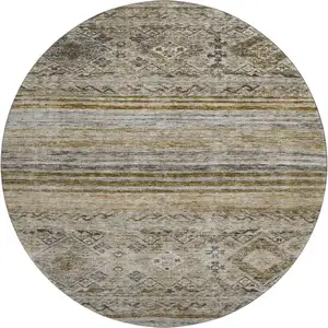 Photo of 8' Brown Beige And Blue Abstract Geometric Washable Round Rug With UV Protection