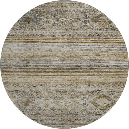 8' Brown Beige And Blue Abstract Geometric Washable Round Rug With UV Protection Photo 1