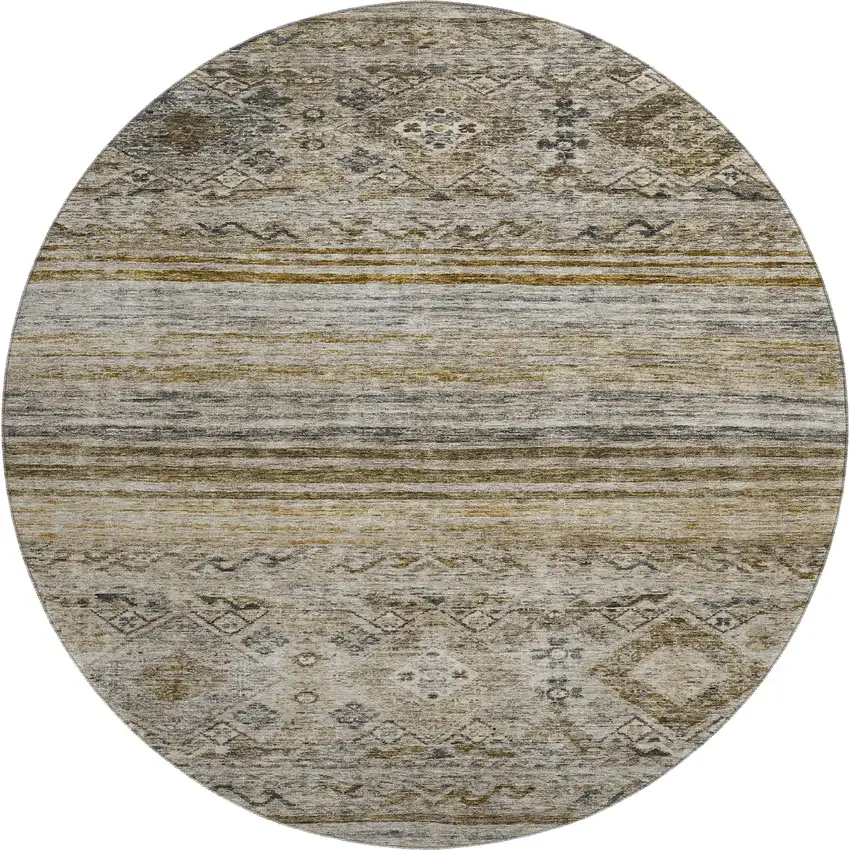 8' Brown Beige And Blue Abstract Geometric Washable Round Rug With UV Protection Photo 1