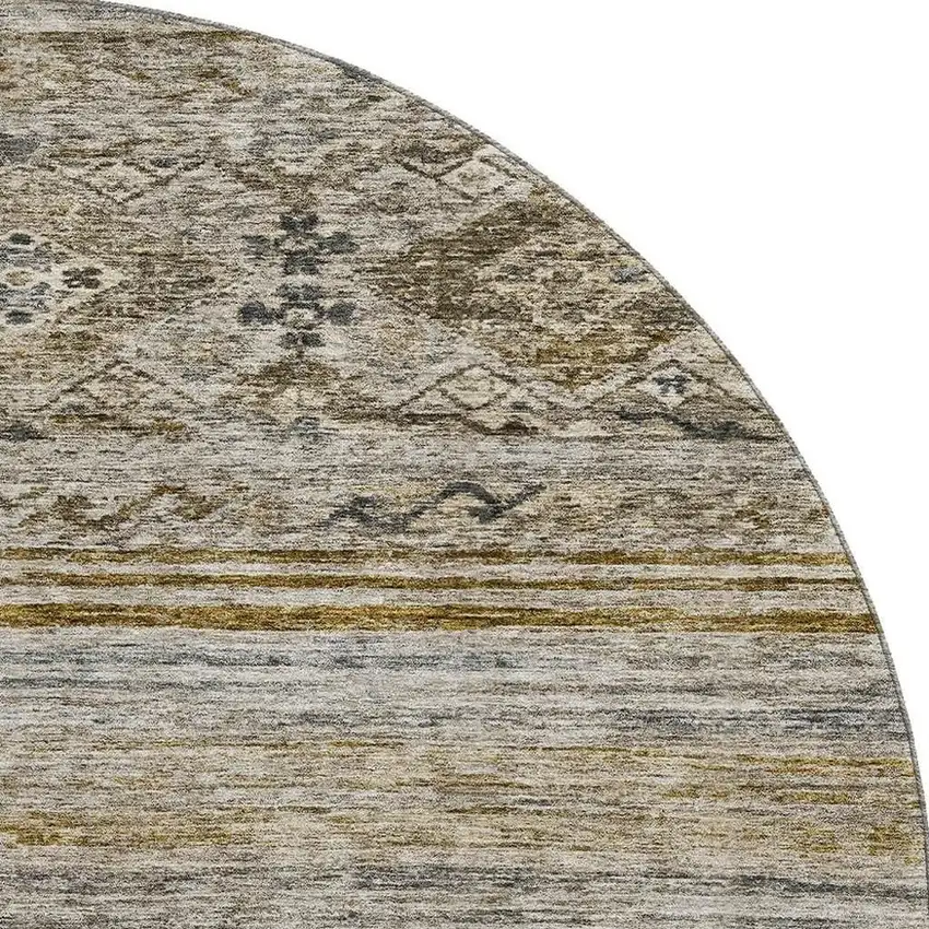 8' Brown Beige And Blue Abstract Geometric Washable Round Rug With UV Protection Photo 3