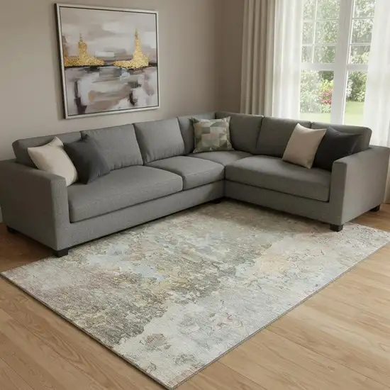 8' Brown Beige And Blue Abstract Washable Area Rug With UV Protection Photo 2